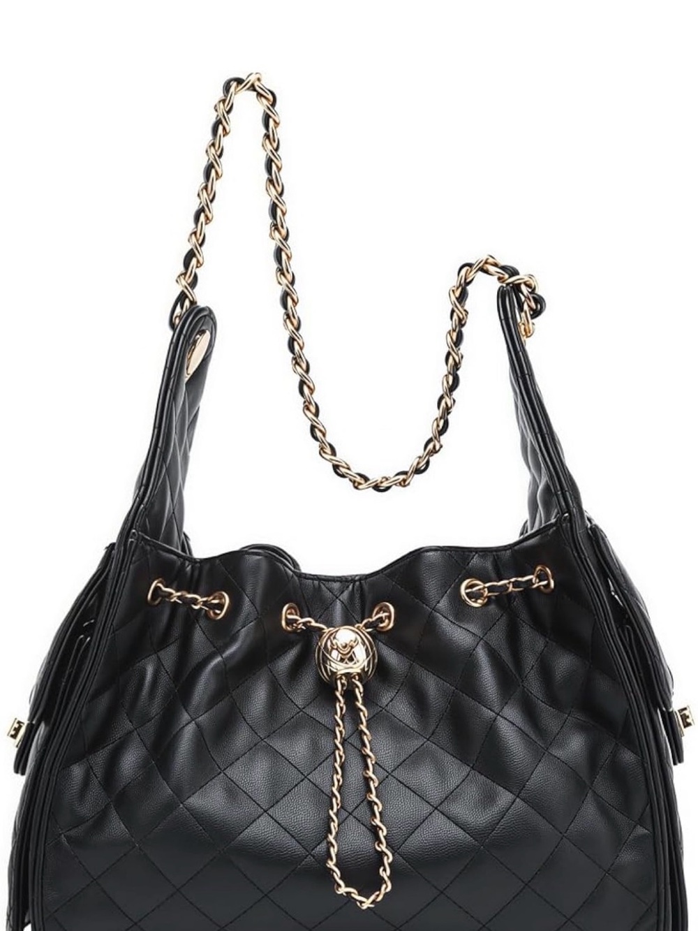Black Quilted Chain-Accent Shoulder Bag